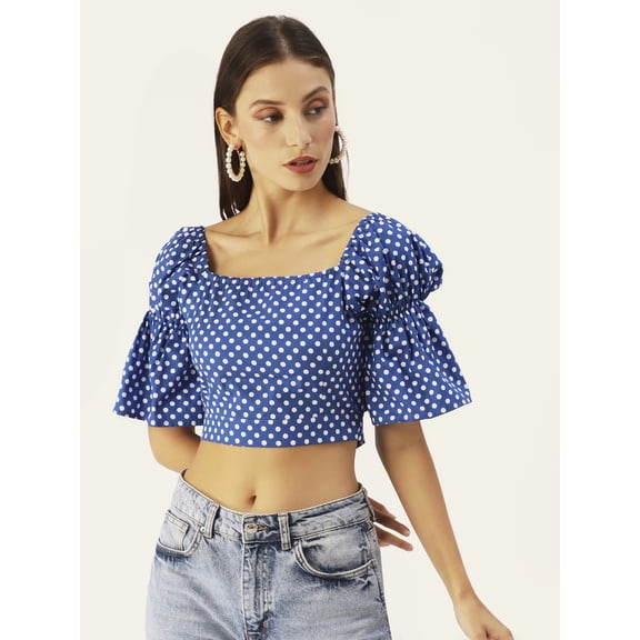 DressBerry Women's Printed Cotton Semi Puffed Ruffled Elbow Sleeves Cropped Top High Waist Square Neck Casual Summer Wear Short Top