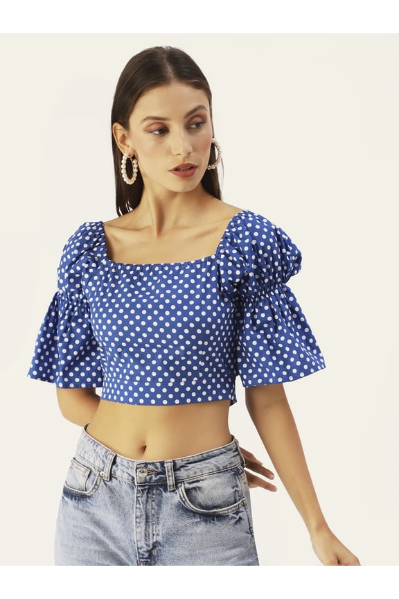 Women's Printed Cotton Semi Puffed Ruffled Elbow Sleeves Cropped Top High Waist Square Neck Casual Summer Wear Short Top