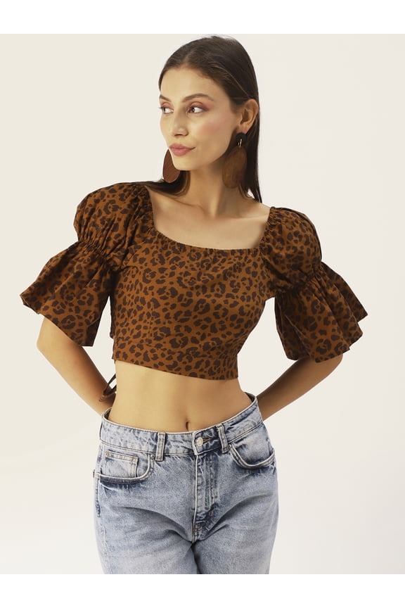 Women's Printed Cotton Semi Puffed Ruffled Elbow Sleeves Cropped Top High Waist Square Neck Casual Summer Wear Short Top