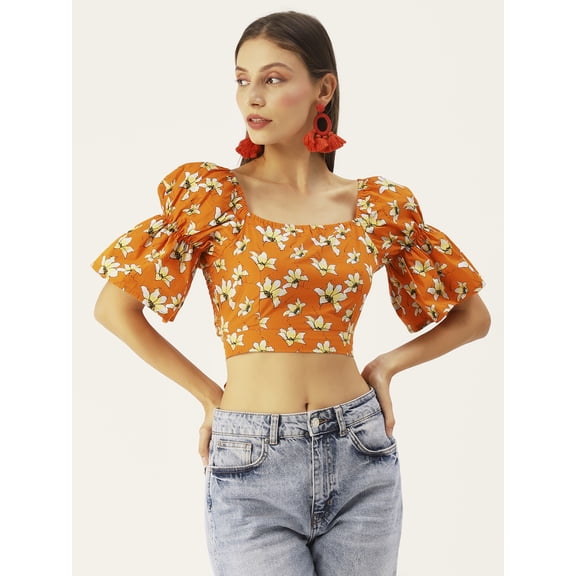 DressBerry Women's Printed Cotton Semi Puffed Ruffled Elbow Sleeves Cropped Top High Waist Square Neck Casual Summer Wear Short Top