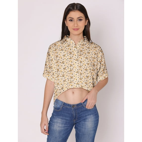 DressBerry Women's Printed Crop Shirt Short Sleeves Buttoned Comfy Summer Collared Sheer Mesh High Rise Short Top