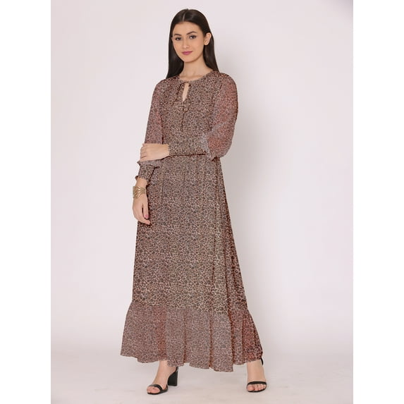 DressBerry Women's Printed Floor Length Georgette Dress Puff Sleeves Tiered Summer Wear Flared Maxi Dress