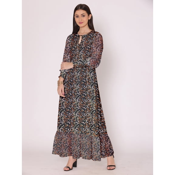 DressBerry Women's Printed Floor Length Georgette Dress Puff Sleeves Tiered Summer Wear Flared Maxi Dress