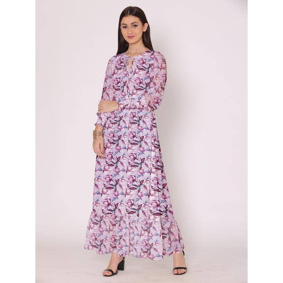 DressBerry Women's Printed Floor Length Georgette Dress Puff Sleeves Tiered Summer Wear Flared Maxi Dress