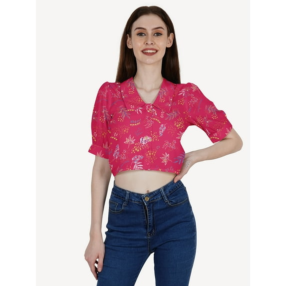 DressBerry Women's Printed Poly Crepe Crop Shirt Casual Summer Buttoned Front Collared Neck Puffed Elbow Sleeves Western Style Slip-On Light Weighted High Waist Shirt Top