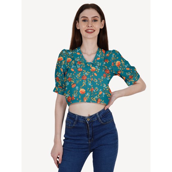 DressBerry Women's Printed Poly Crepe Crop Shirt Casual Summer Buttoned Front Collared Neck Puffed Elbow Sleeves Western Style Slip-On Light Weighted High Waist Shirt Top