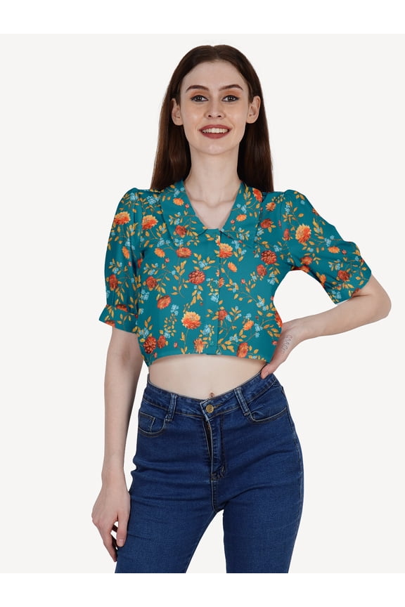 Women's Printed Poly Crepe Crop Shirt Casual Summer Buttoned Front Collared Neck Puffed Elbow Sleeves Western Style Slip-On Light Weighted High Waist Shirt Top