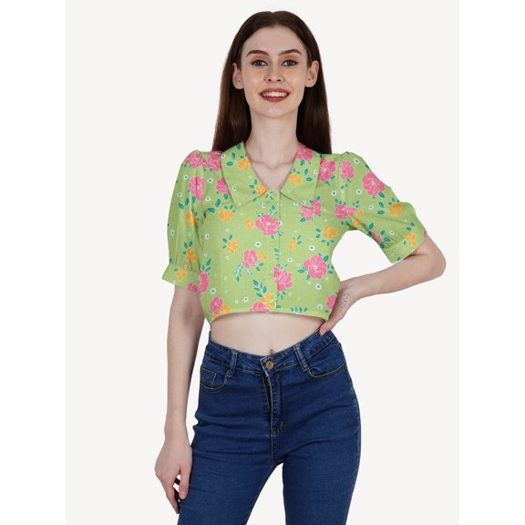 DressBerry Women's Printed Poly Crepe Crop Shirt Casual Summer Buttoned Front Collared Neck Puffed Elbow Sleeves Western Style Slip-On Light Weighted High Waist Shirt Top