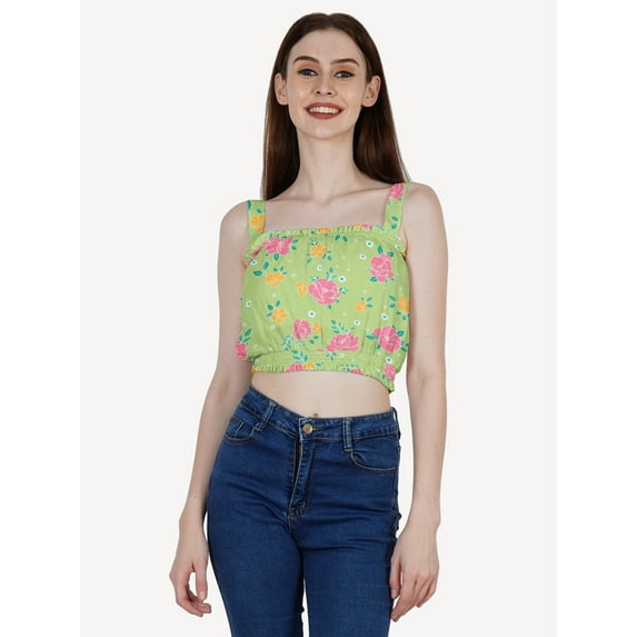 DressBerry Women's Printed Poly Crepe Crop Top Casual Summer Thick Straps Frilled Border Elastic Waist Square Neck Sleeveless Western Style Slip-On Light Weighted High Waist Short Top