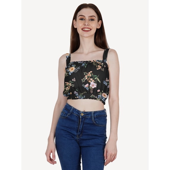 DressBerry Women's Printed Poly Crepe Crop Top Casual Summer Thick Straps Frilled Border Elastic Waist Square Neck Sleeveless Western Style Slip-On Light Weighted High Waist Short Top