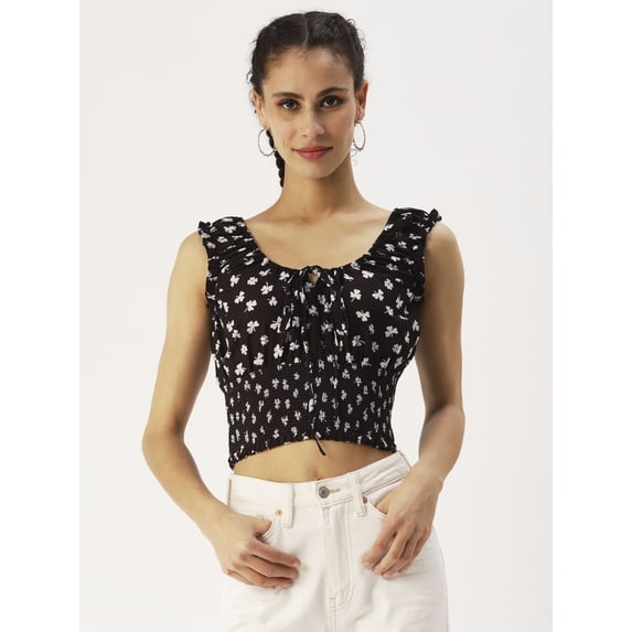 DressBerry Women’s Printed Poly Crepe Crop Top Round Neck with Adjustable Drawstrings Short Flutter Sleeves Smocked Hem Regular Wear Light Weighted Casual Summer Blouse