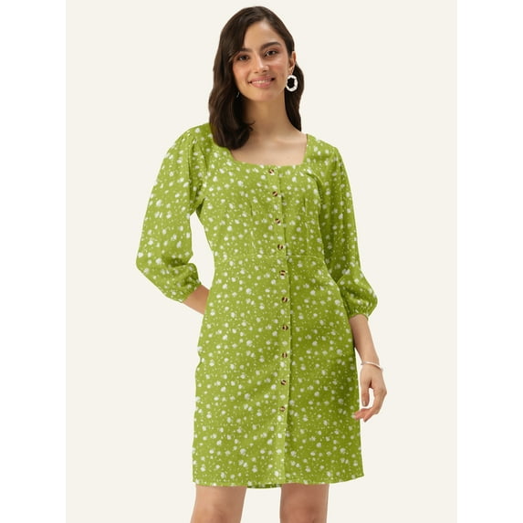 DressBerry Women's Printed Poly Crepe Dress Casual Summer Long Puffed Sleeves Above Knee Length High Waist Square Neck Buttoned Front Western Style Light Weighted Straight Cut Short Dress