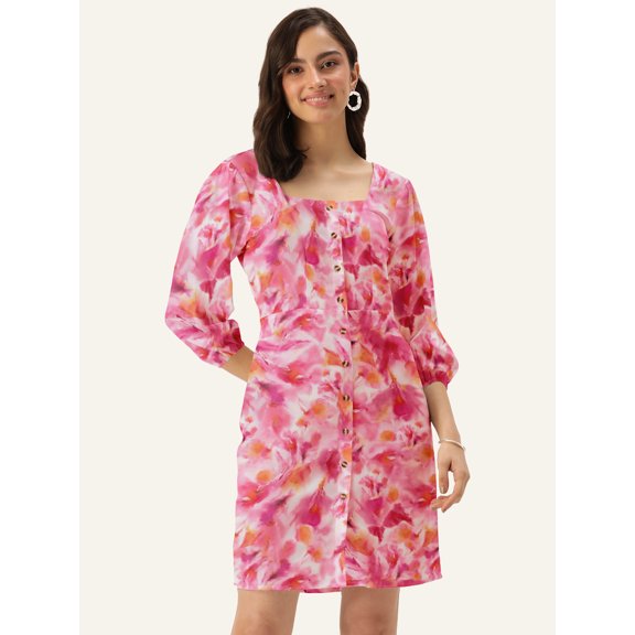 DressBerry Women's Printed Poly Crepe Dress Casual Summer Long Puffed Sleeves Above Knee Length High Waist Square Neck Buttoned Front Western Style Light Weighted Straight Cut Short Dress