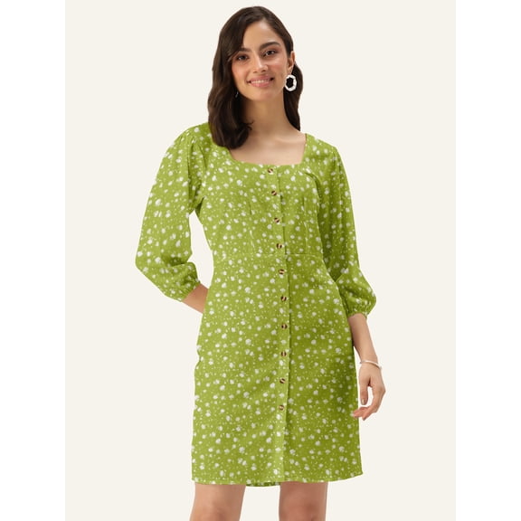 DressBerry Women's Printed Poly Crepe Dress Casual Summer Long Puffed Sleeves Above Knee Length High Waist Square Neck Buttoned Front Western Style Light Weighted Straight Cut Short Dress