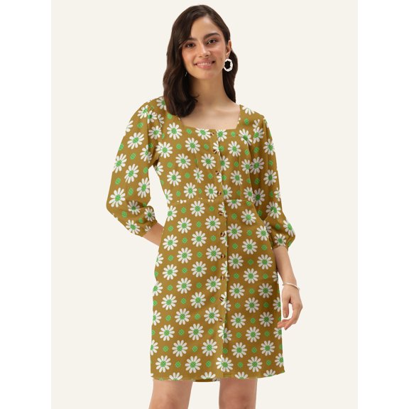 DressBerry Women's Printed Poly Crepe Dress Casual Summer Long Puffed Sleeves Above Knee Length High Waist Square Neck Buttoned Front Western Style Light Weighted Straight Cut Short Dress