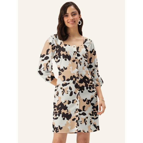 DressBerry Women's Printed Poly Crepe Dress Casual Summer Long Puffed Sleeves Above Knee Length High Waist Square Neck Buttoned Front Western Style Light Weighted Straight Cut Short Dress