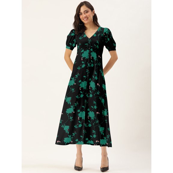 DressBerry Women's Printed Poly Crepe Dress Casual Summer Short Puffed Sleeves Ankle Length High Waist V Neck Buttoned Front Western Style Light Weighted All Purpose Long Dress