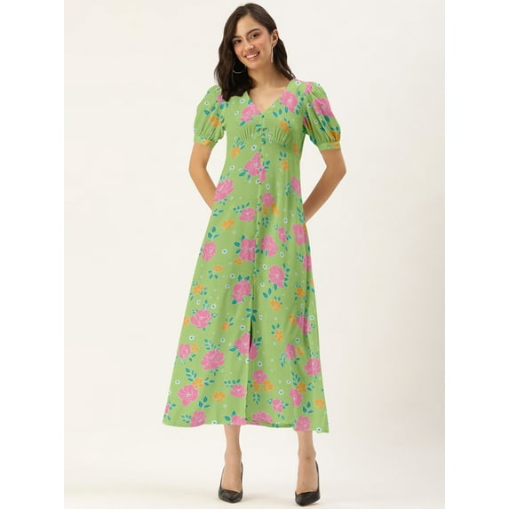 DressBerry Women's Printed Poly Crepe Dress Casual Summer Short Puffed Sleeves Ankle Length High Waist V Neck Buttoned Front Western Style Light Weighted All Purpose Long Dress