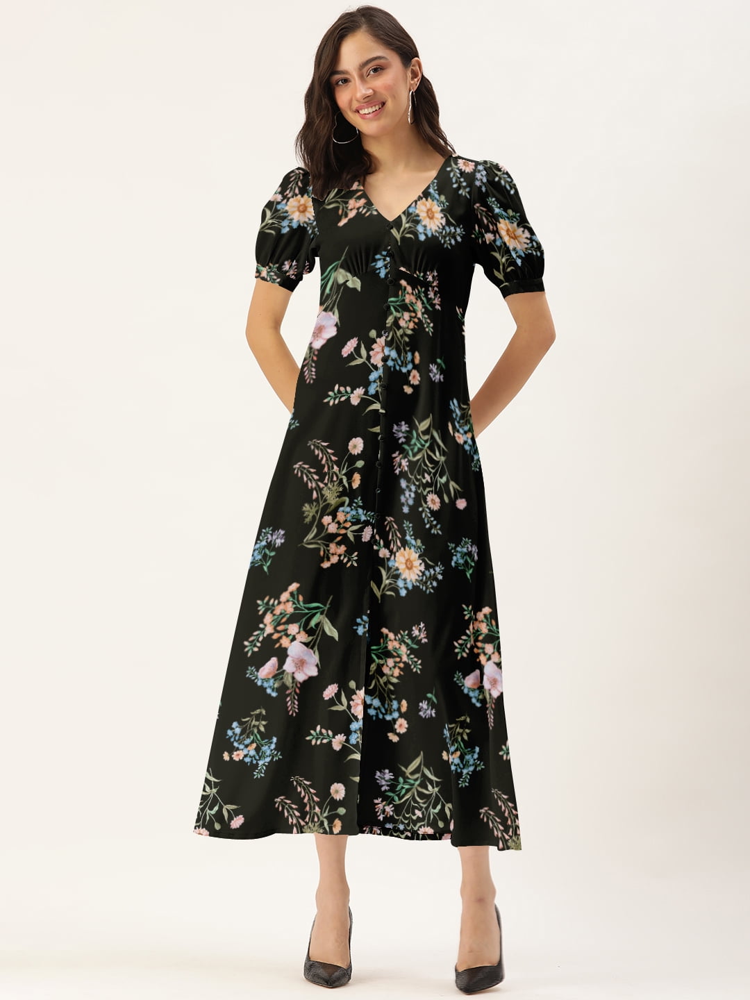 DressBerry Women's Printed Poly Crepe Dress Casual Summer Short Puffed Sleeves Ankle Length High Waist V Neck Buttoned Front Western Style Light ... DressBerry Women's Printed Poly Crepe Dress Casual Summer Short Puffed Sleeves Ankle Length High Waist V Neck Buttoned Front Western Style Light ...