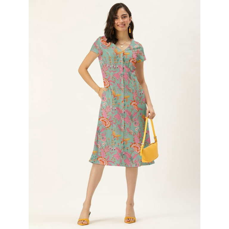 DressBerry Women s Printed Poly Crepe Dress Casual Summer Short Sleeves Calf Length High Waist V Neck Buttoned Front Western Style Light Weighted All
