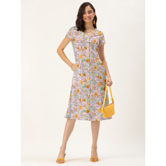 DressBerry Women's Printed Poly Crepe Dress Casual Summer Short Sleeves Calf Length High Waist V Neck Buttoned Front Western Style Light Weighted All Purpose Short Dress