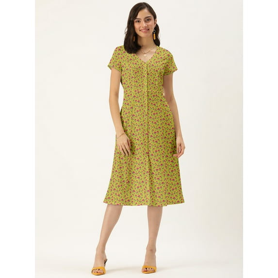 DressBerry Women's Printed Poly Crepe Dress Casual Summer Short Sleeves Calf Length High Waist V Neck Buttoned Front Western Style Light Weighted All Purpose Short Dress