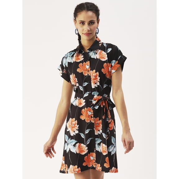 DressBerry Women’s Printed Poly Crepe Dress Collared Neck Short Sleeves Thigh Length Regular Wear Light Weighted Casual Summer Short Dress
