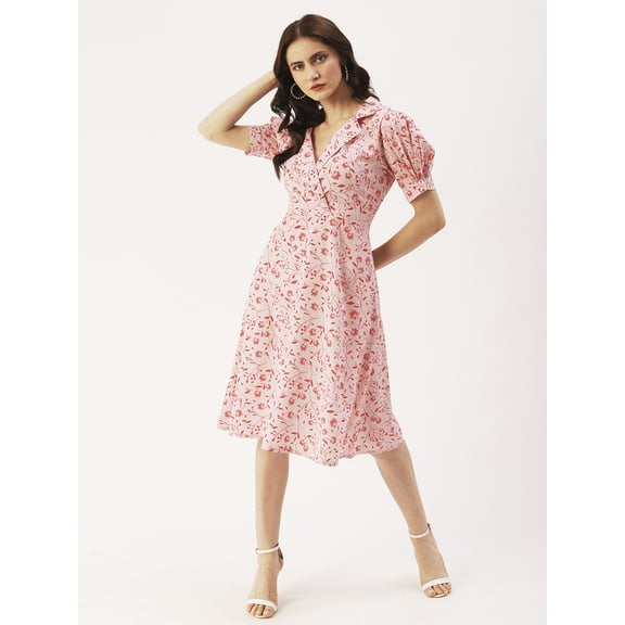 DressBerry Women’s Printed Poly Crepe Dress Collared V Neck Flared Short Puffed Sleeves Knee Length Regular Wear Light Weighted Casual Summer One Piece
