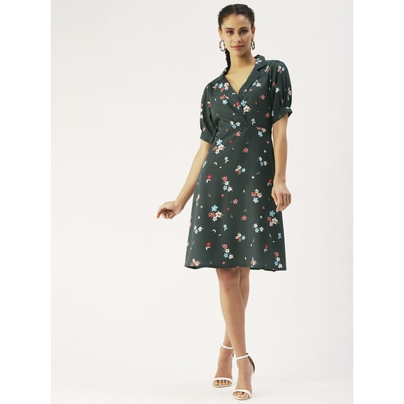 DressBerry Women’s Printed Poly Crepe Dress Collared V Neck Flared Short Puffed Sleeves Knee Length Regular Wear Light Weighted Casual Summer One Piece