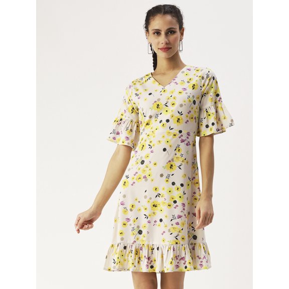 DressBerry Women’s Printed Poly Crepe Dress Ruffled Bottom and Elbow Sleeves Above Knee Length Regular Wear Light Weighted Woven Summer Dress