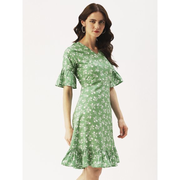 DressBerry Women’s Printed Poly Crepe Dress Ruffled Bottom and Elbow Sleeves Above Knee Length Regular Wear Light Weighted Woven Summer Dress