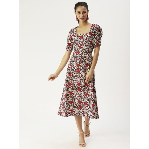 DressBerry Women’s Printed Poly Crepe Dress Square Neck Short Puffed Sleeves Calf Length Regular Wear Light Weighted Woven Summer Dress