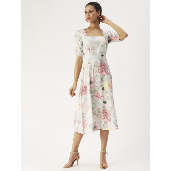 DressBerry Women’s Printed Poly Crepe Dress Square Neck Short Puffed Sleeves Calf Length Regular Wear Light Weighted Woven Summer Dress