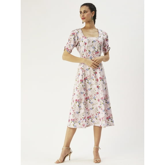 DressBerry Women’s Printed Poly Crepe Dress Square Neck Short Puffed Sleeves Calf Length Regular Wear Light Weighted Woven Summer Dress