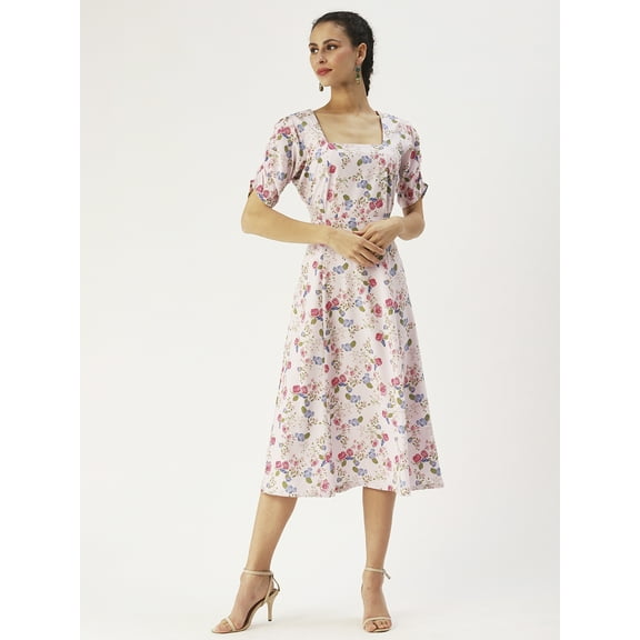 DressBerry Women’s Printed Poly Crepe Dress Square Neck Short Puffed Sleeves Calf Length Regular Wear Light Weighted Woven Summer Dress