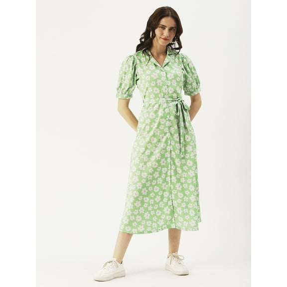 DressBerry Women’s Printed Poly Crepe Front Slit Long Dress Short Puffed Sleeves Collared Regular Wear Light Weighted Casual Summer Gown