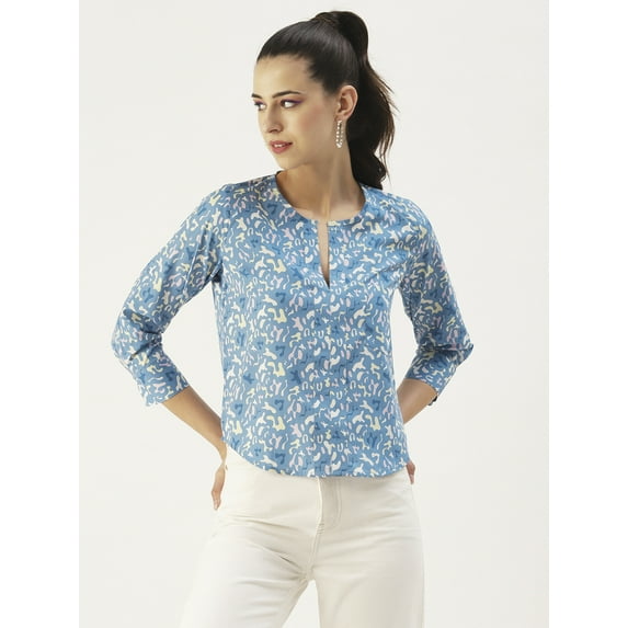 DressBerry Women's Printed Poly Crepe Mandarin Collar 3/4th Tie-up Sleeves Top Deep V Neck Curved Hem Casual Summer Wear Waist Length Regular Top