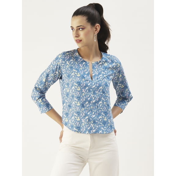 DressBerry Women's Printed Poly Crepe Mandarin Collar 3/4th Tie-up Sleeves Top Deep V Neck Curved Hem Casual Summer Wear Waist Length Regular Top