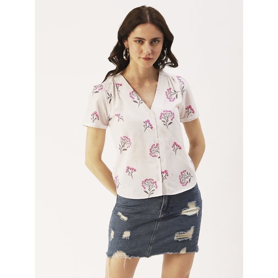 DressBerry Women’s Printed Poly Crepe Top Buttoned Front V Neck Short Sleeves Waist Length Regular Wear Light Weighted Casual Summer Shirt