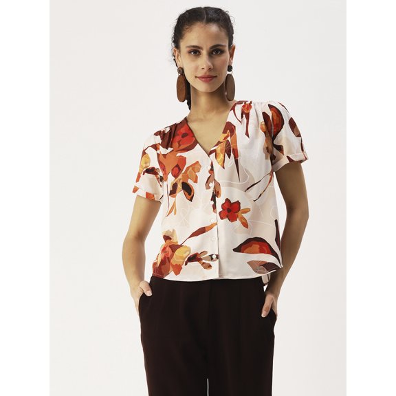 DressBerry Women’s Printed Poly Crepe Top Buttoned Front V Neck Short Sleeves Waist Length Regular Wear Light Weighted Casual Summer Shirt