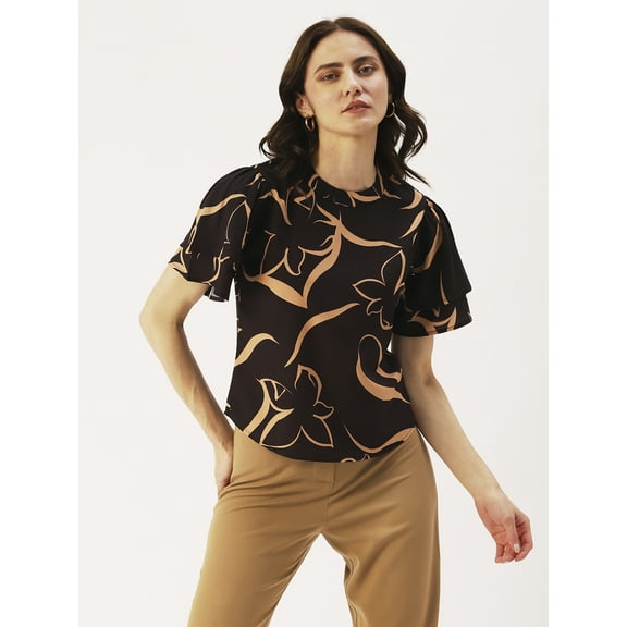 DressBerry Women’s Printed Poly Crepe Top Round Neck Small Ruffle Sleeves Waist Length Regular Wear Light Weighted Casual Summer Top