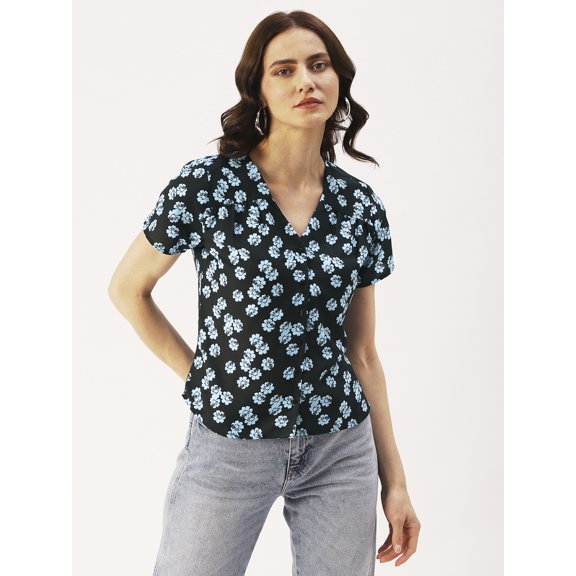 DressBerry Women’s Printed Poly Crepe Top V Neck Buttoned Front Closure Short Sleeves Waist Length Regular Wear Light Weighted Woven Summer Top