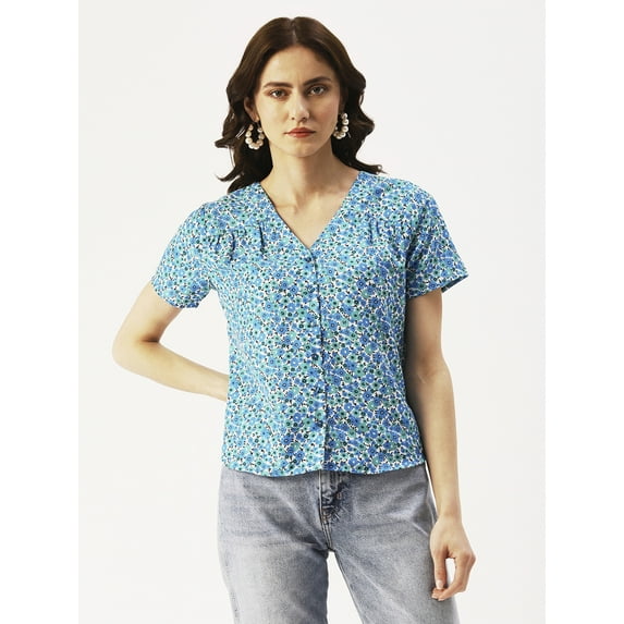 DressBerry Women’s Printed Poly Crepe Top V Neck Buttoned Front Closure Short Sleeves Waist Length Regular Wear Light Weighted Woven Summer Top