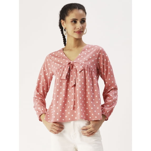 DressBerry Women’s Printed Poly Crepe Top V Neck with Front Bow Tie Long Sleeves Waist Length Regular Wear Light Weighted Casual Summer Top
