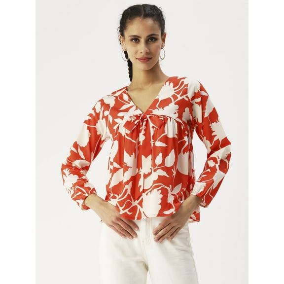 DressBerry Women’s Printed Poly Crepe Top V Neck with Front Bow Tie Long Sleeves Waist Length Regular Wear Light Weighted Casual Summer Top