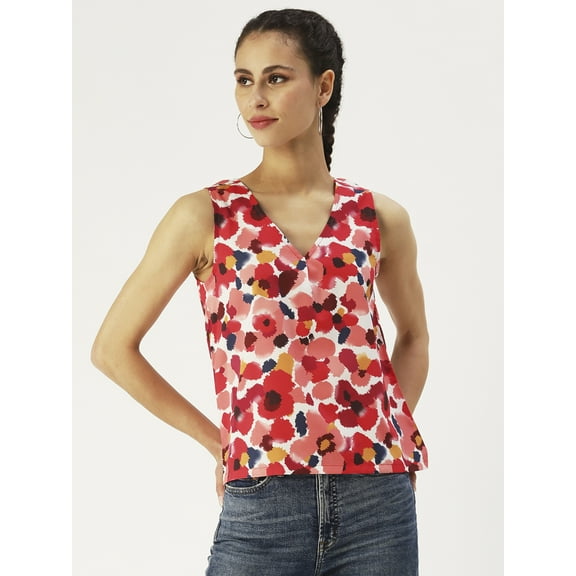 DressBerry Women’s Printed Poly Crepe V Neckline Top Light Weighted Sleeveless Waist Length Party Wear Casual Summer Blouse