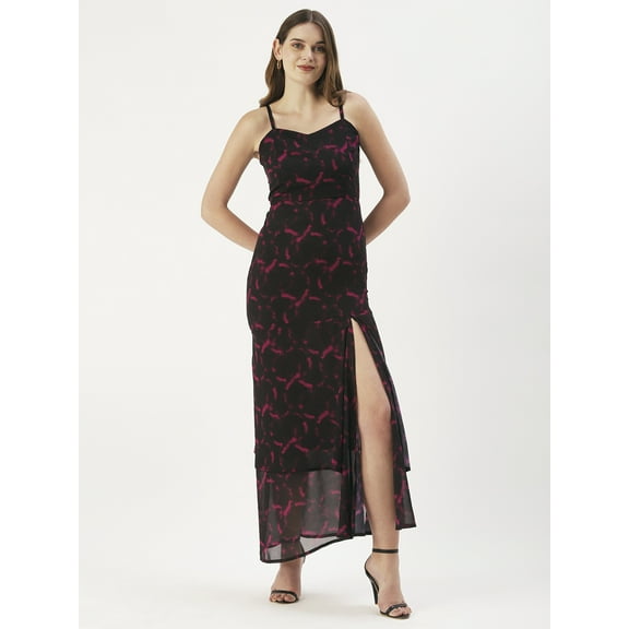 DressBerry Women’s Printed Poly Georgette Front Slit Square Neck Strapped Shoulders Ruffled Ankle Length Light Weighted Casual Summerwear Beachwear Partywear All Purpose Maxi One Piece Dress