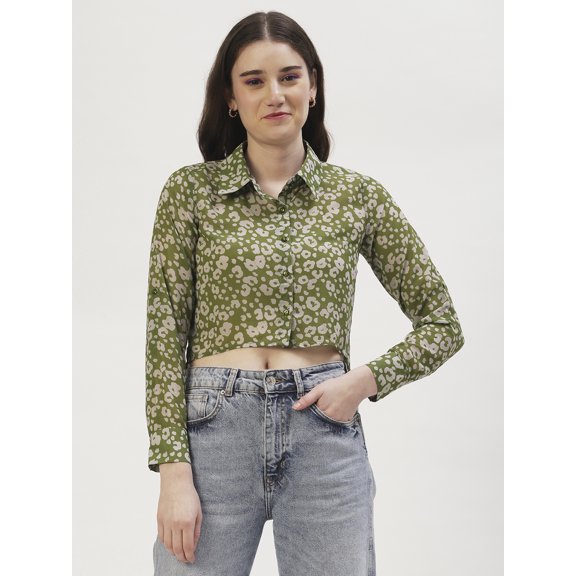 DressBerry Women's Printed Poly Georgette Full Sleeves Collared Neck Top Buttoned Closure High Low Hem Casual Summer Wear Waist Length Regular Shirt