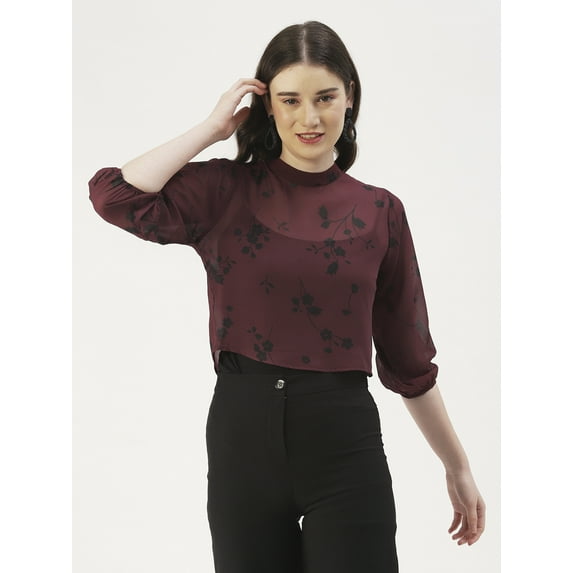 DressBerry Women's Printed Poly Georgette High Neck Crop Top 3/4th Puffed Sleeves Buttoned Back Closure Casual Summer Wear High Waist Short Regular Blouse
