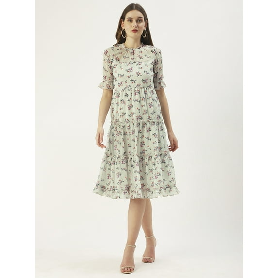DressBerry Women’s Printed Poly Georgette Round Ruffled Neck 3/4th Sleeves Knee length Tiered Hem Light Weighted Casual Summerwear Beachwear Partywear All Purpose One Piece Dress